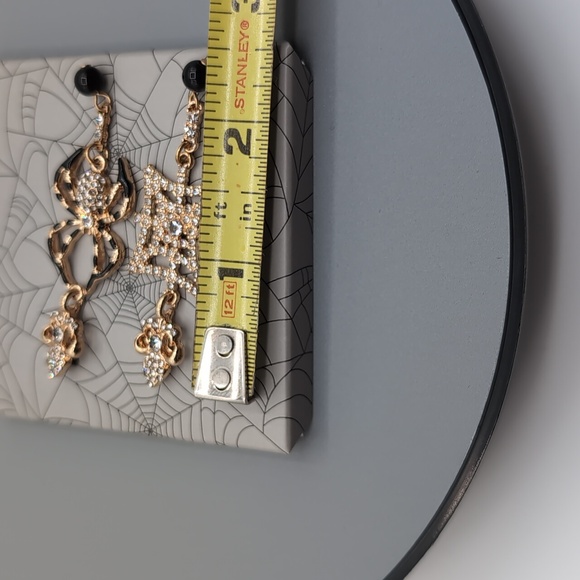 NWOT Gold Toned Spider and Web Bejeweled Long Drop Dangle Stud Earrings - Picture 8 of 8